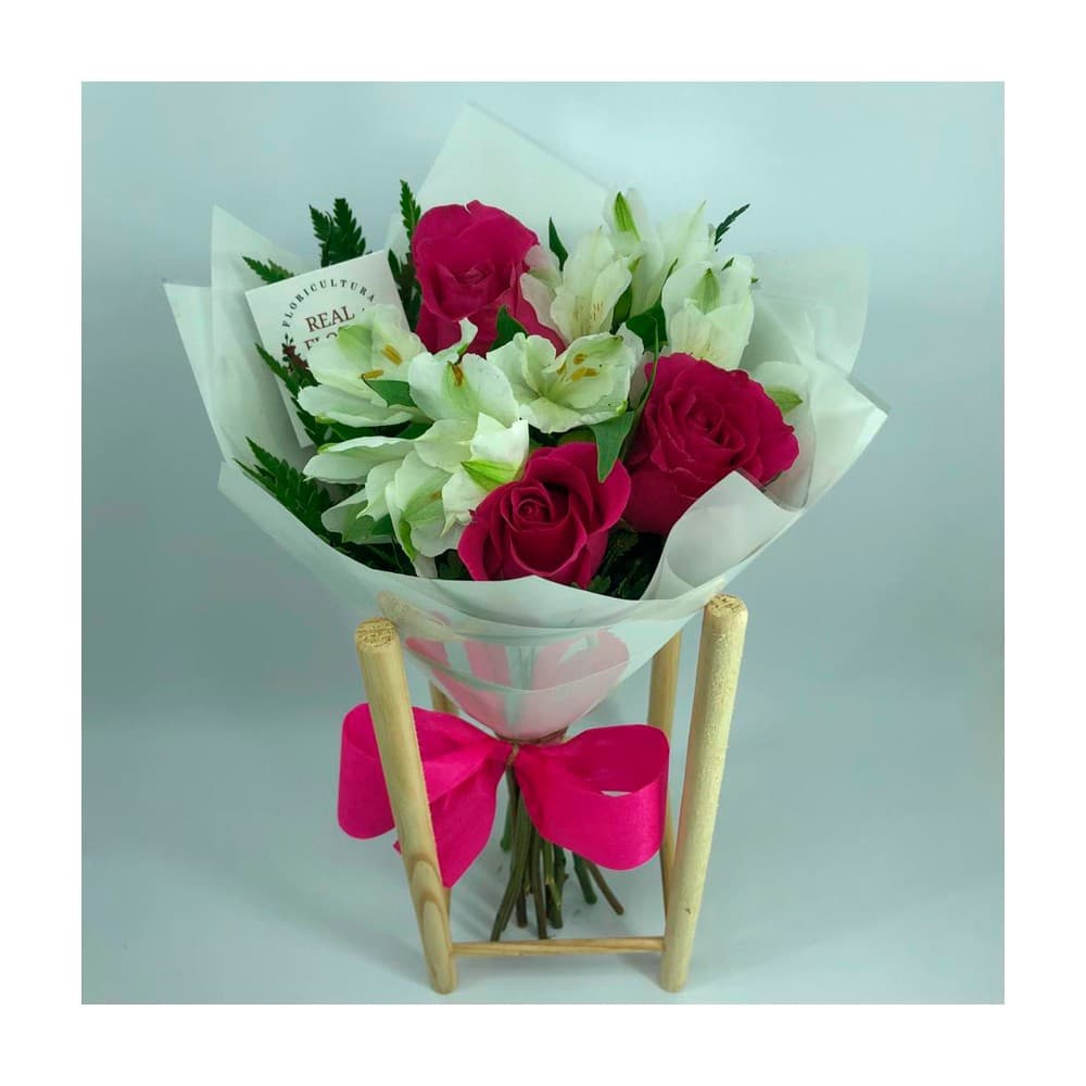 Mini Buquê de Rosas Pink com Alstroemérias