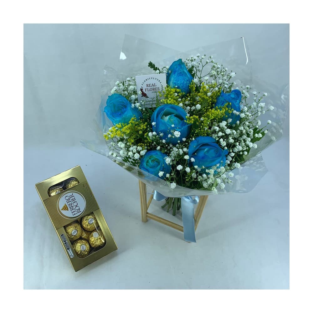 Buquê de 6 Rosas Azuis com Ferrero Rocher