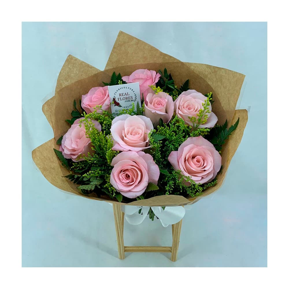 Buquê de 8 Rosas Rosa Claro com tango