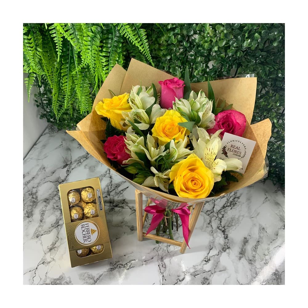 Buquê de Rosas Amarelas com Alstroemérias e Ferrero Rocher