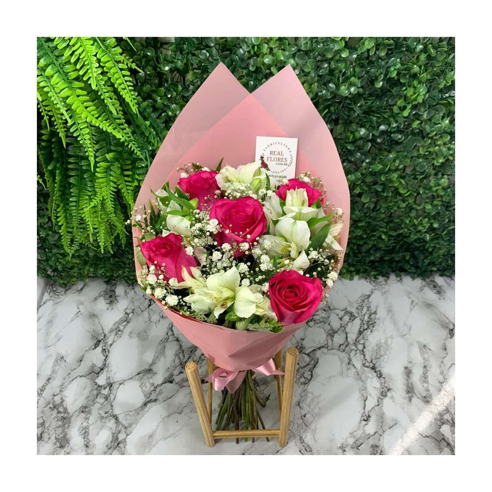 Buquê de 5 Rosas Pink com Alstroemérias