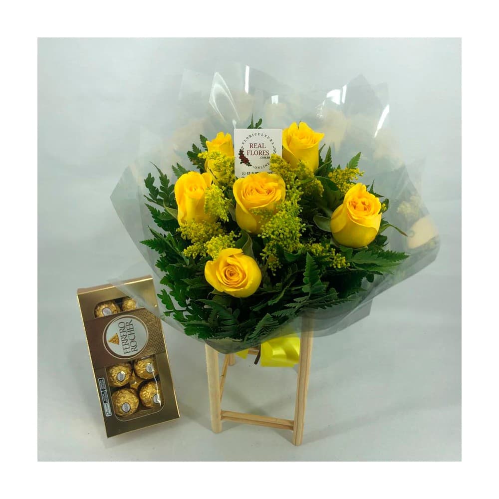 Buquê de 6 Rosas Amarelas com Ferrero Rocher