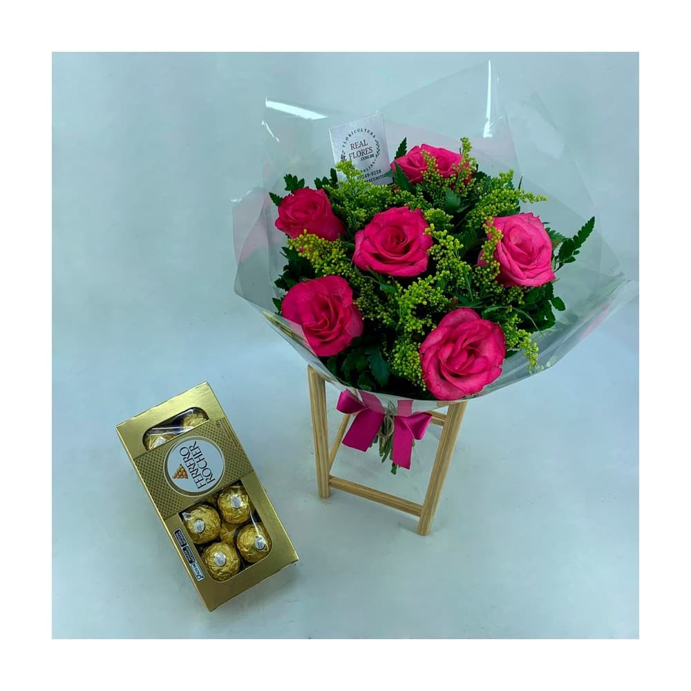 Buquê de 6 Rosas Pink com Ferrero Rocher