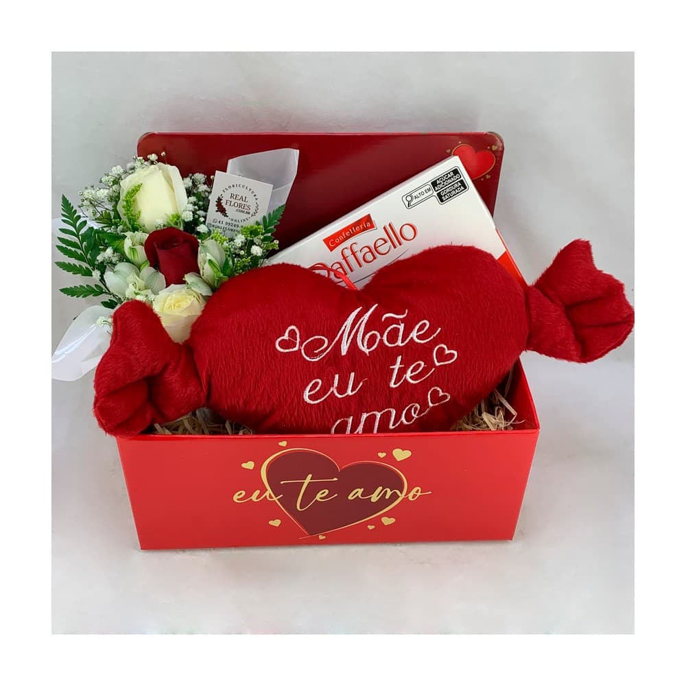 Caixa Mãe Eu Te Amo com Flores, Pelúcia e Raffaello