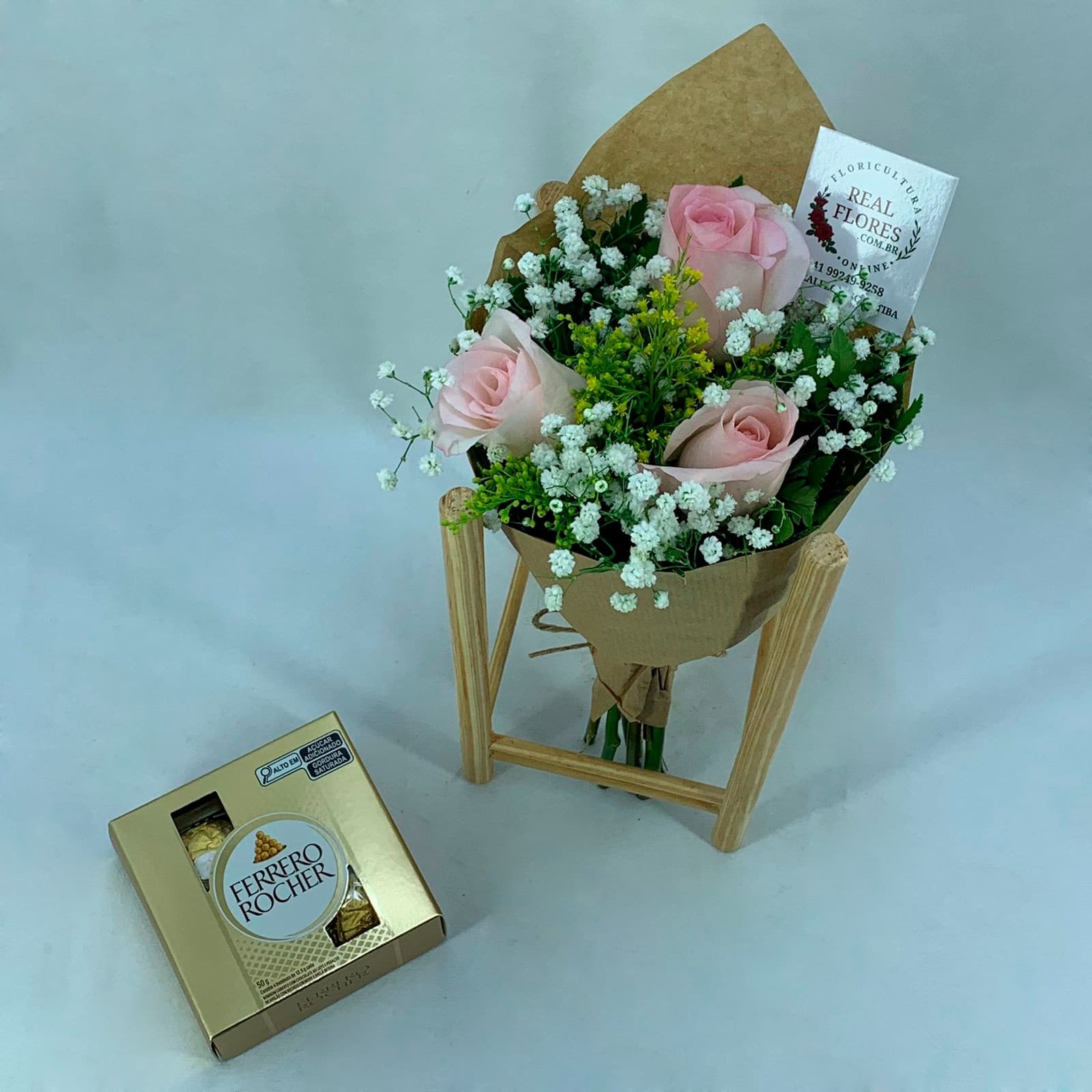 Mini 3 Rosas Cor de Rosa com Mosquito Kraft + Ferrero 4